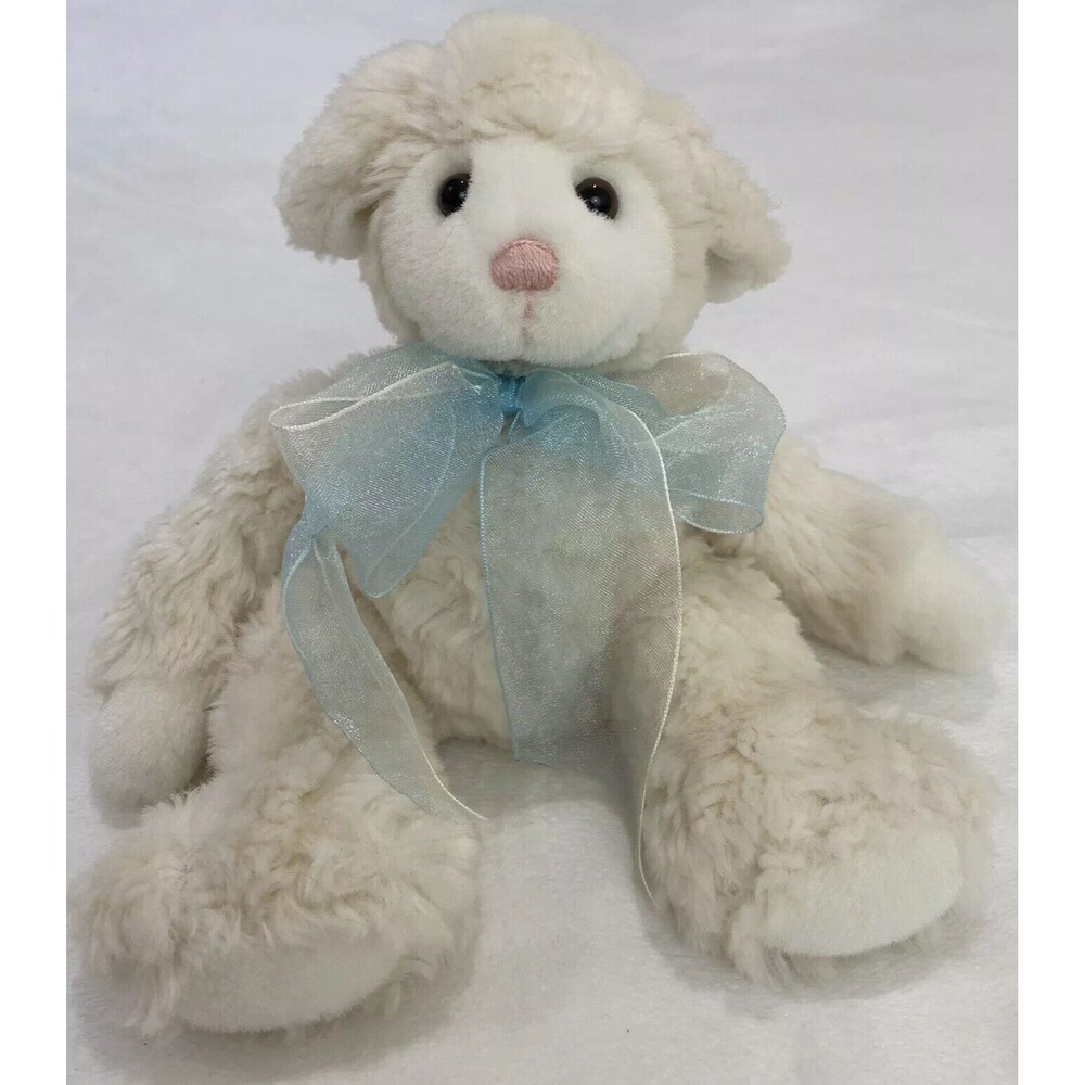 Gund Lamb Lambly 36028 Plush Soft Toy Sheep Cream Blue Bow Pink Nose 6" Sitting
